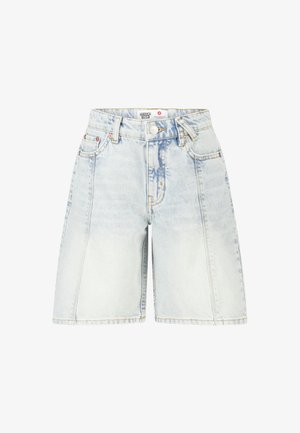 Lichtblauwe denim shorts met hoge taille, vooraan knoop, rits, riemlussen en twee voorzakken, licht vervaagde details.