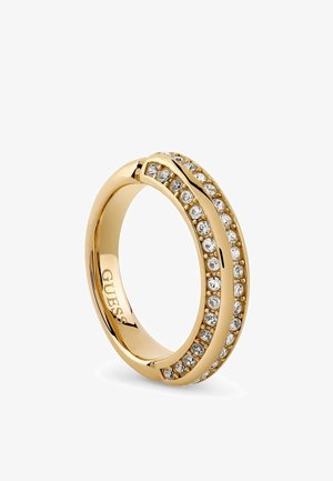 Goldring mit zwei Bändern, besetzt mit klaren Steinen; glatte, polierte Oberfläche; Gravuren auf dem inneren Band.