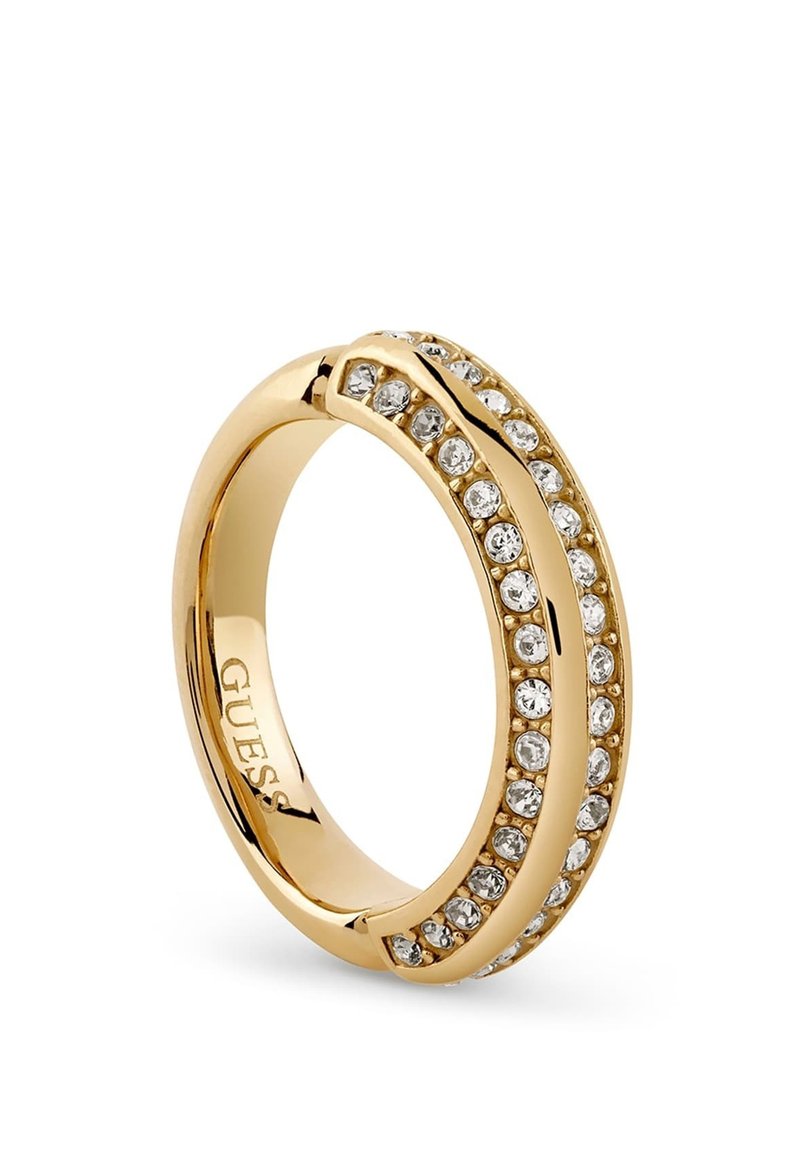 Anello d'oro con doppia fascia impreziosita da pietre trasparenti; finitura liscia e lucida; incisioni sulla fascia interna.