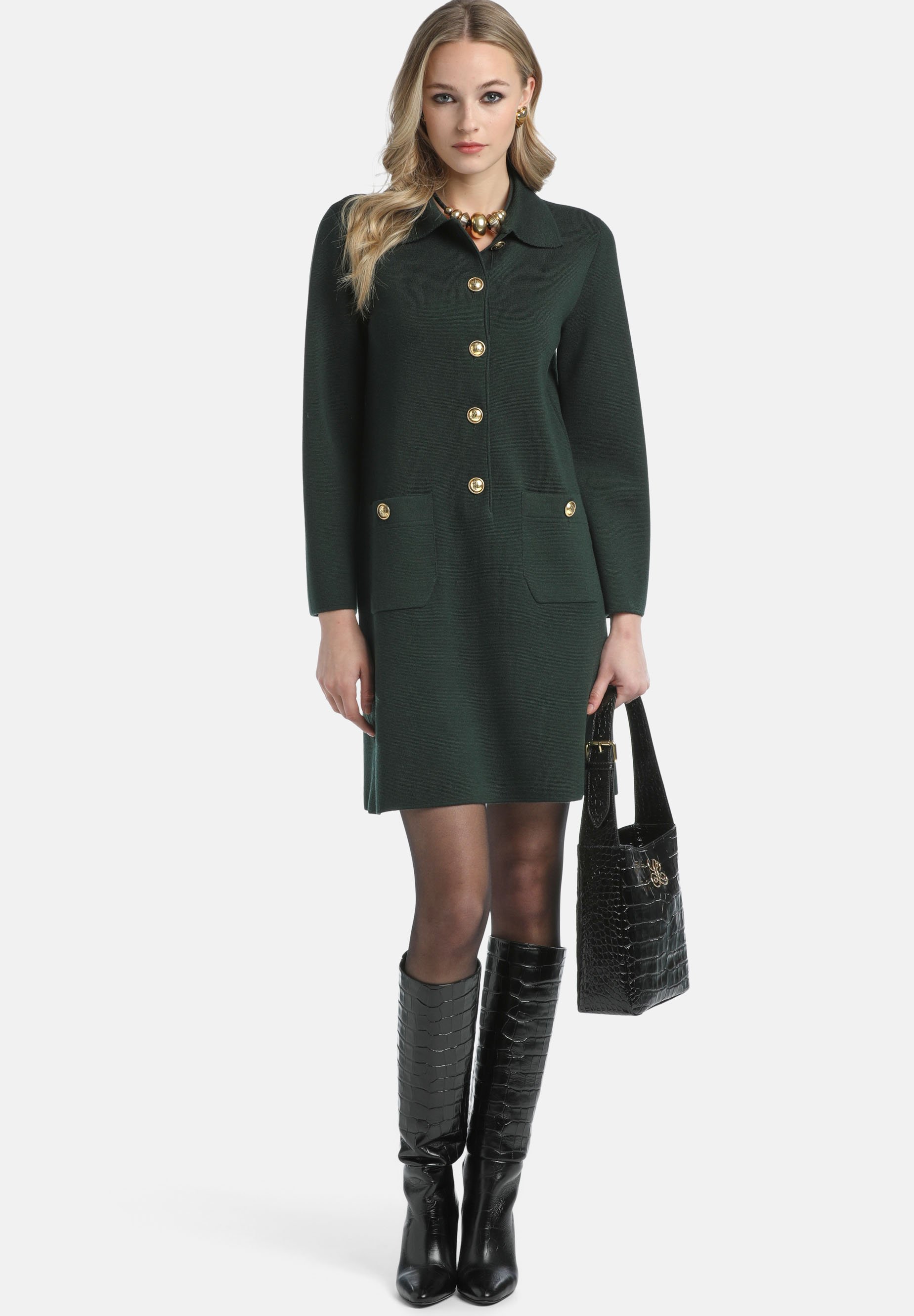ASKSA Cardigan Donna A Maniche Lunghe, Scollo A V, Tinta Unita Con Bottoni, In Misto Cotone, Taglie S-3XL, Colore Verde Scuro M