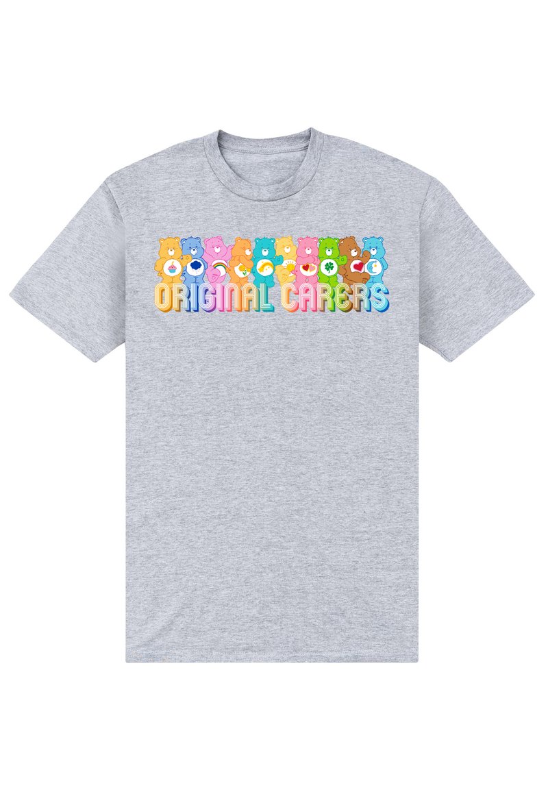 Šedé tričko s barevnými designy kreslených medvědů a textem "ORIGINAL CARERS" v živých, multibarevných písmenech. Měkký materiál, krátké rukávy.