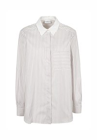 Camicia a righe in tessuto leggero con colletto bianco. Rigature verticali in un beige tenue, con una tasca sul petto a righe orizzontali.