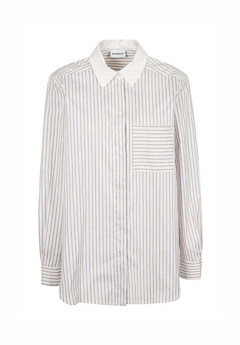 Camicia a righe in tessuto leggero con colletto bianco. Rigature verticali in un beige tenue, con una tasca sul petto a righe orizzontali.
