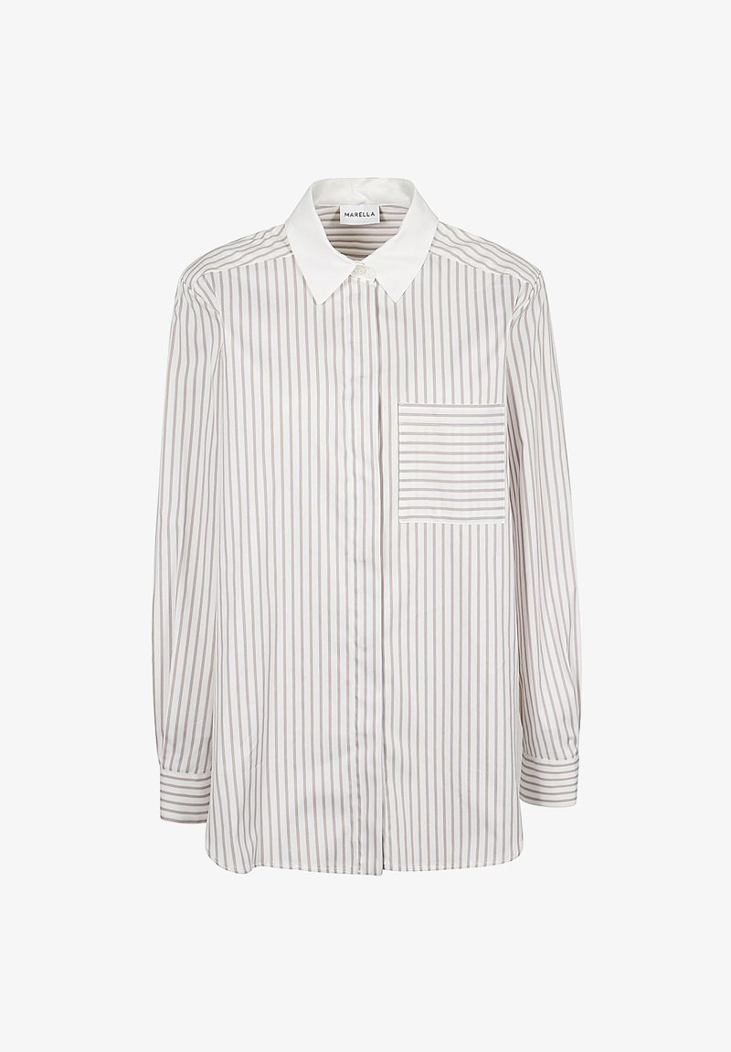 Camicia a righe in tessuto leggero con colletto bianco. Rigature verticali in un beige tenue, con una tasca sul petto a righe orizzontali.