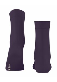 Calze al ginocchio in tessuto viola scuro uniforme, con una cuffia rinforzata e una texture liscia. Indicazione della taglia sul lato: K35-38.