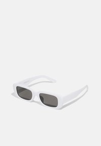 White rectangular sunglasses with black lenses, made from plastic. Features a sleek design and smooth texture. Brand logo on the temple.