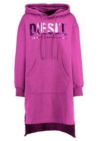 Lång lila huvtröja i klänning med framficka, dragsko i huvan, ribbade ärmslut och "DIESEL"-logotyp med texten "FOR SUCCESSFUL LIVING" på bröstet.