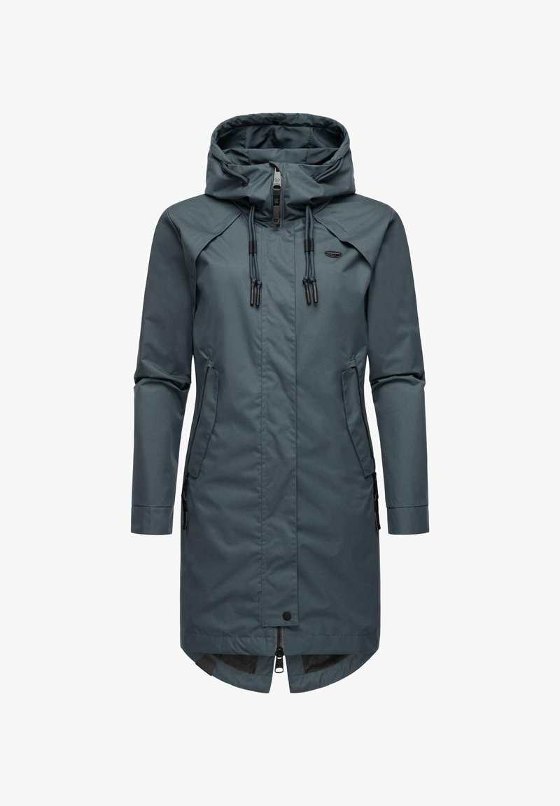 Temno teal vodoodporna jakna s kapuco, sprednjim zadrgo, vrvicami in stranskimi žepi. Ima obliko, ki se zožuje, in eleganten zaključek.