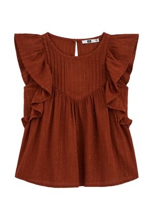 Blusa smanicata marrone ruggine con filati dorati verticali, spalle arricciate, scollo tondo e chiusura con bottoni sul retro.