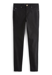 Jean skinny en denim noir avec une texture lisse, bouton doré et rivets décoratifs, dotés d'un design classique à cinq poches.
