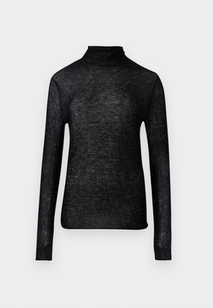 Haut à col roulé noir à manches longues en tissu transparent, orné de points argentés éparpillés, présentant une silhouette ajustée.