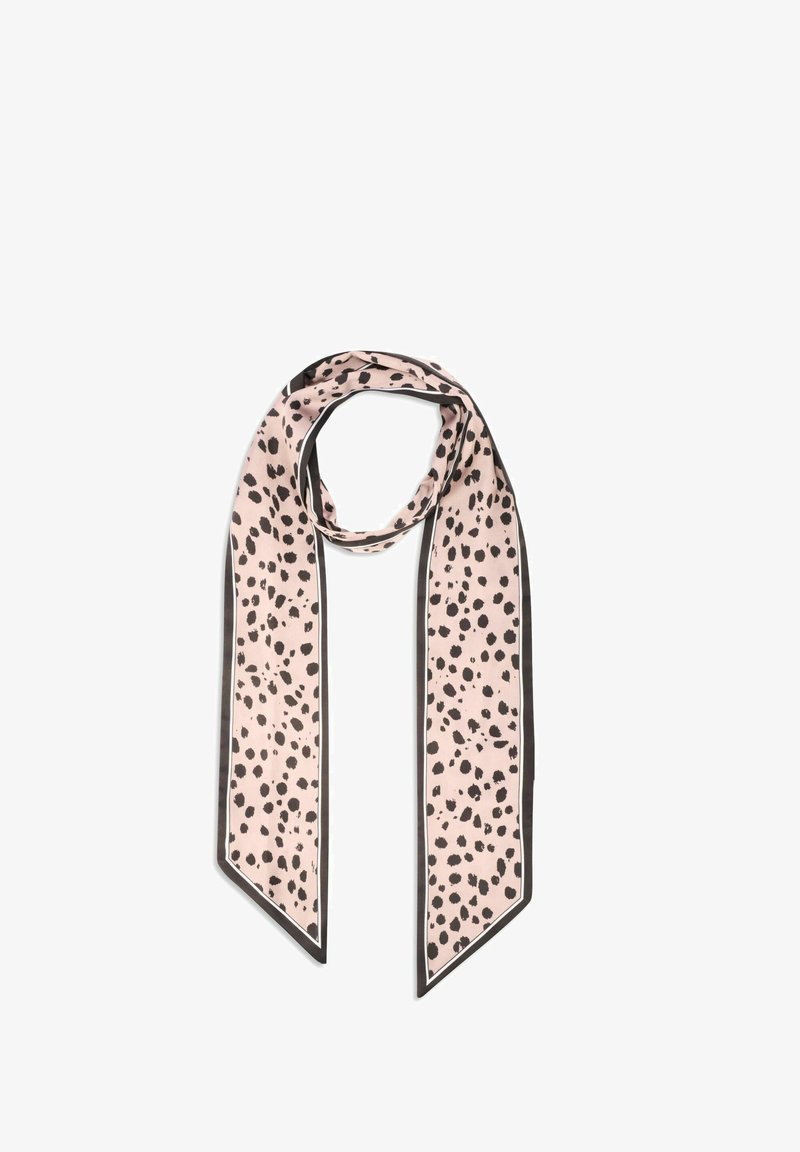 Jedwabny szal o miękkim różowym tle z czarnym wzorem w panterę, wykończony na czarno. Wzór jest smukły, wydłużony z ostatecznymi końcami.