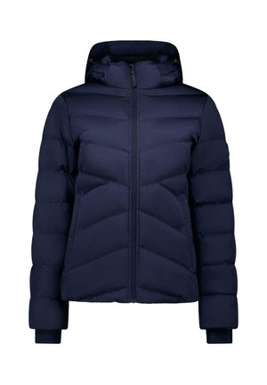 Navy blue puffer jacket with hood and front zipper, featuring horizontal and chevron quilting patterns and extended cuffs.