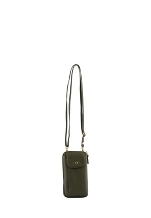 Petit sac bandoulière en cuir vert foncé avec poche avant à pression et fermeture éclair, bandoulière réglable.