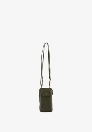 Petit sac bandoulière en cuir vert foncé avec poche avant à pression et fermeture éclair, bandoulière réglable.
