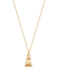 Auksinė grandinėlė su mažu pakabuku, kuris primena sėdintį katiną su karūna, detalizuota tekstūruotu kailio raštu.