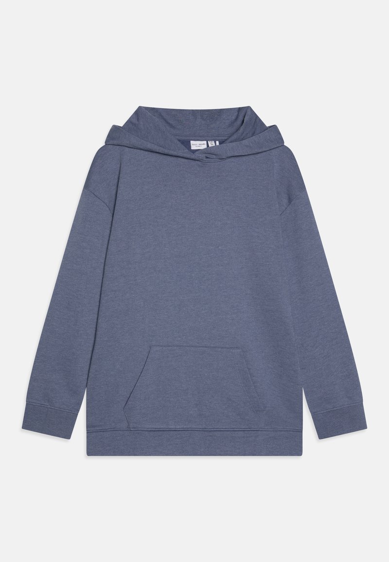 Mørkeblå hettegenser laget av myk stoff. Har en stor, justerbar hette, lange ermer, og en frontlomme med kengurustil. Glatt tekstur.