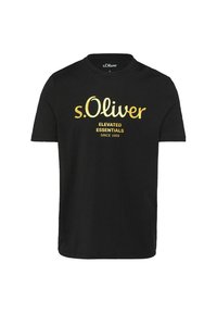 Black cotton t-shirt featuring a gold printed logo “s.Oliver” and text “ELEVATED ESSENTIALS SINCE 1969” at the center. Classic crew neckline.