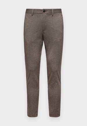 Brown plaid trousers with a slim fit. Features a flat front, button closure, and subtle texture. Tapered legs with no visible accents.