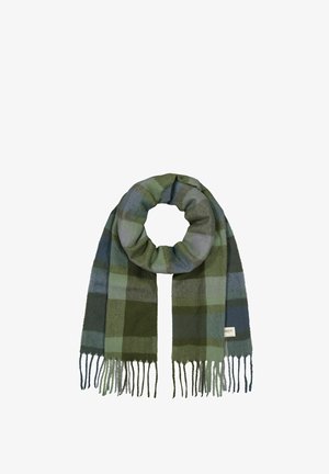 Green and blue plaid scarf made of soft fabric, featuring fringed ends and a loop design for easy wear.