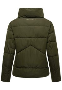 Olive green puffer jacket with a high collar, horizontal and chevron stitching, and 'MARIKOO' logo at the back. Smooth texture.