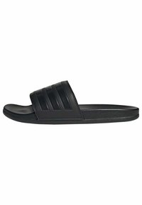 Black slide sandals made of smooth rubber. Features a wide strap with three horizontal grooves. Flat sole with a rounded toe.