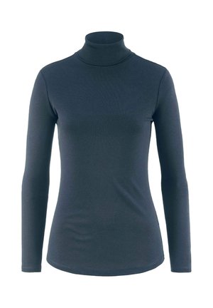 Navyfarbener Rollkragenpullover aus glattem, dehnbarem Stoff mit langenÄrmeln und figurbetonter Passform. Mit hohem Kragen und abgerundetem Saum.