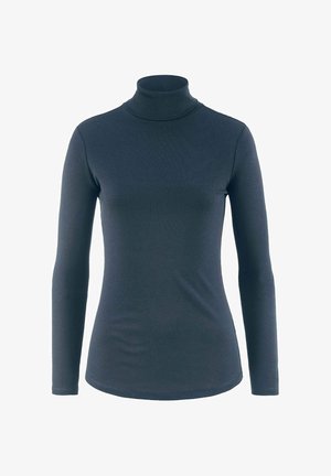 Navyfarbener Rollkragenpullover aus glattem, dehnbarem Stoff mit langenÄrmeln und figurbetonter Passform. Mit hohem Kragen und abgerundetem Saum.