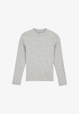 Chemise grise à manches longues en tissu texturé, dotée d'un col rond et d'une coupe standard sans motifs ni accents visibles.