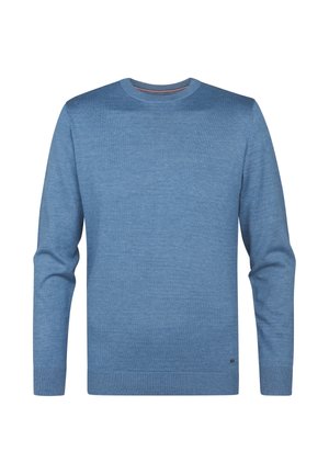 Maglione blu con scollatura a girocollo, maniche lunghe e polsini a coste. Realizzato in tessuto morbido, presenta un piccolo logo vicino all'orlo.
