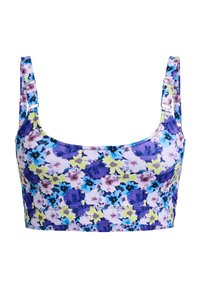 Top court floral avec un motif violet, bleu et jaune, fabriqué en tissu extensible avec des bretelles ajustables et une texture lisse.