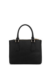 Zwarte handtas met een gestructureerd ontwerp, textuurmateriaal, dubbele handvatten aan de bovenkant en een gouden ritssluiting met hardwareaccenten.