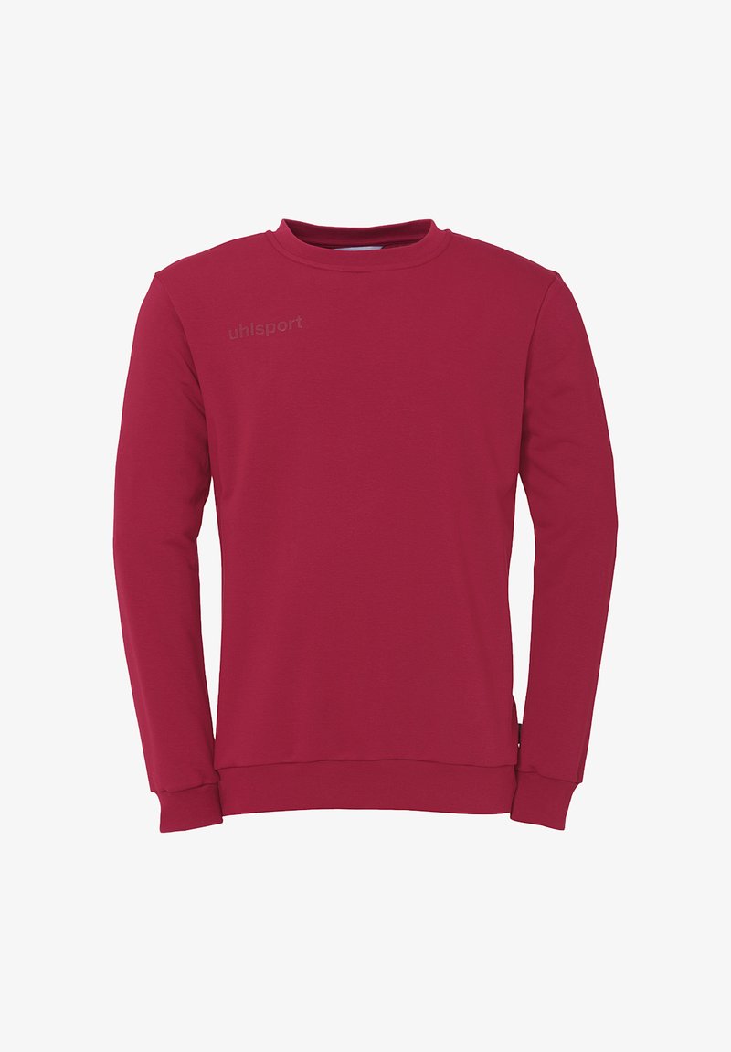 Sweatshirt rouge à manches longues, col rond et poignets côtelés. Présente un logo subtil "uhlsport" à l'avant. Fabriqué en tissu doux et extensible.