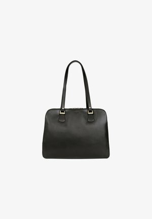Sac à main en cuir noir avec deux longues anses et une forme rectangulaire, conçu pour être porté à l'épaule ou à la main.
