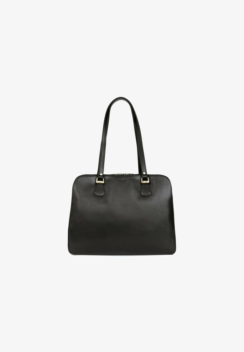 Sac à main en cuir noir avec deux longues anses et une forme rectangulaire, conçu pour être porté à l'épaule ou à la main.