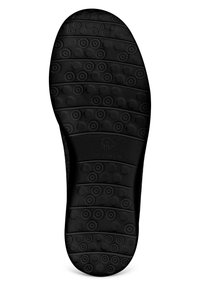 Black rubber sole features a textured surface with hexagonal patterns and circular accents. It includes a logo, offering grip and durability.