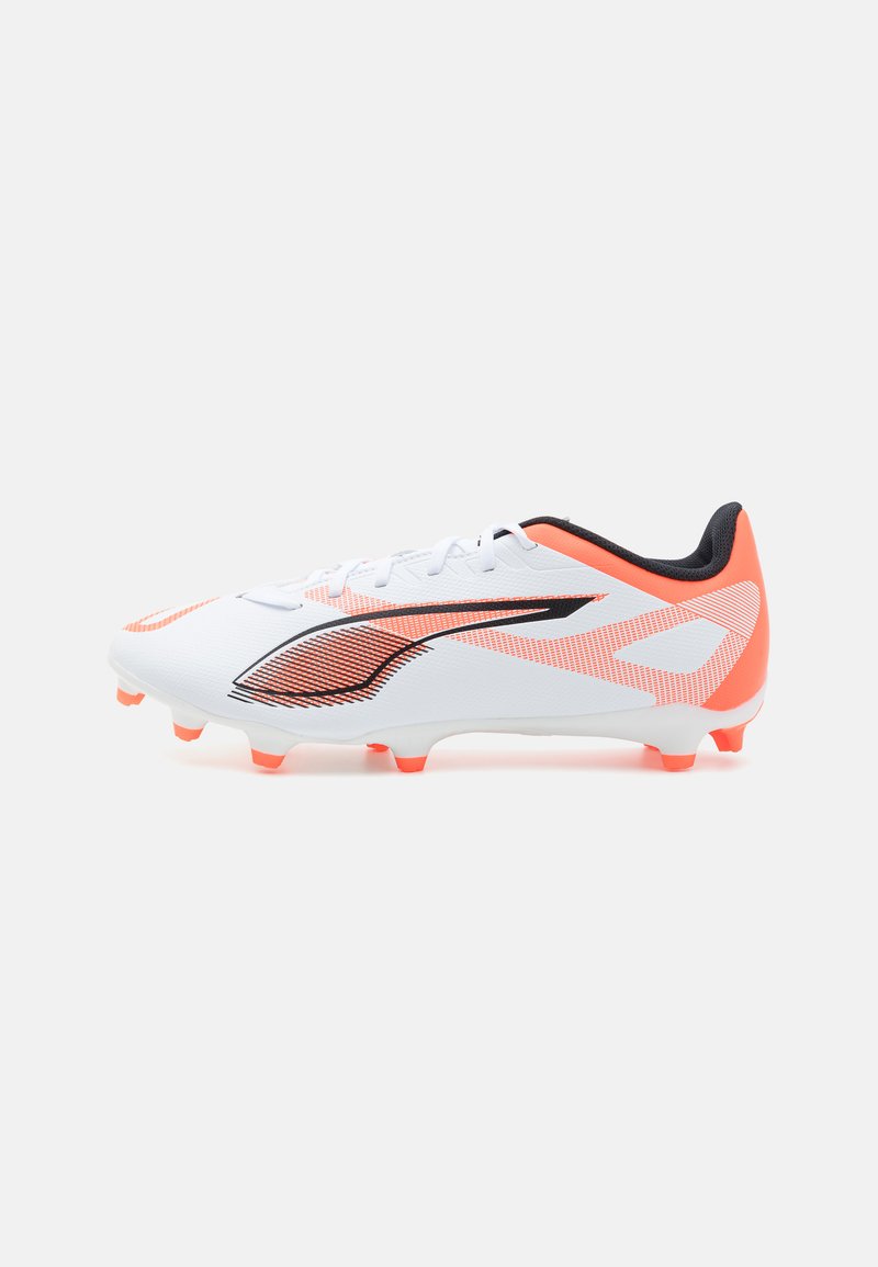 White soccer cleat with orange accents and black detailing. Features a textured upper and six orange studs for traction. Lace-up design.