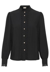 Black blouse with long sleeves, high neckline, lace trim, pearl buttons, and intricate eyelet detailing at cuffs and center placket.