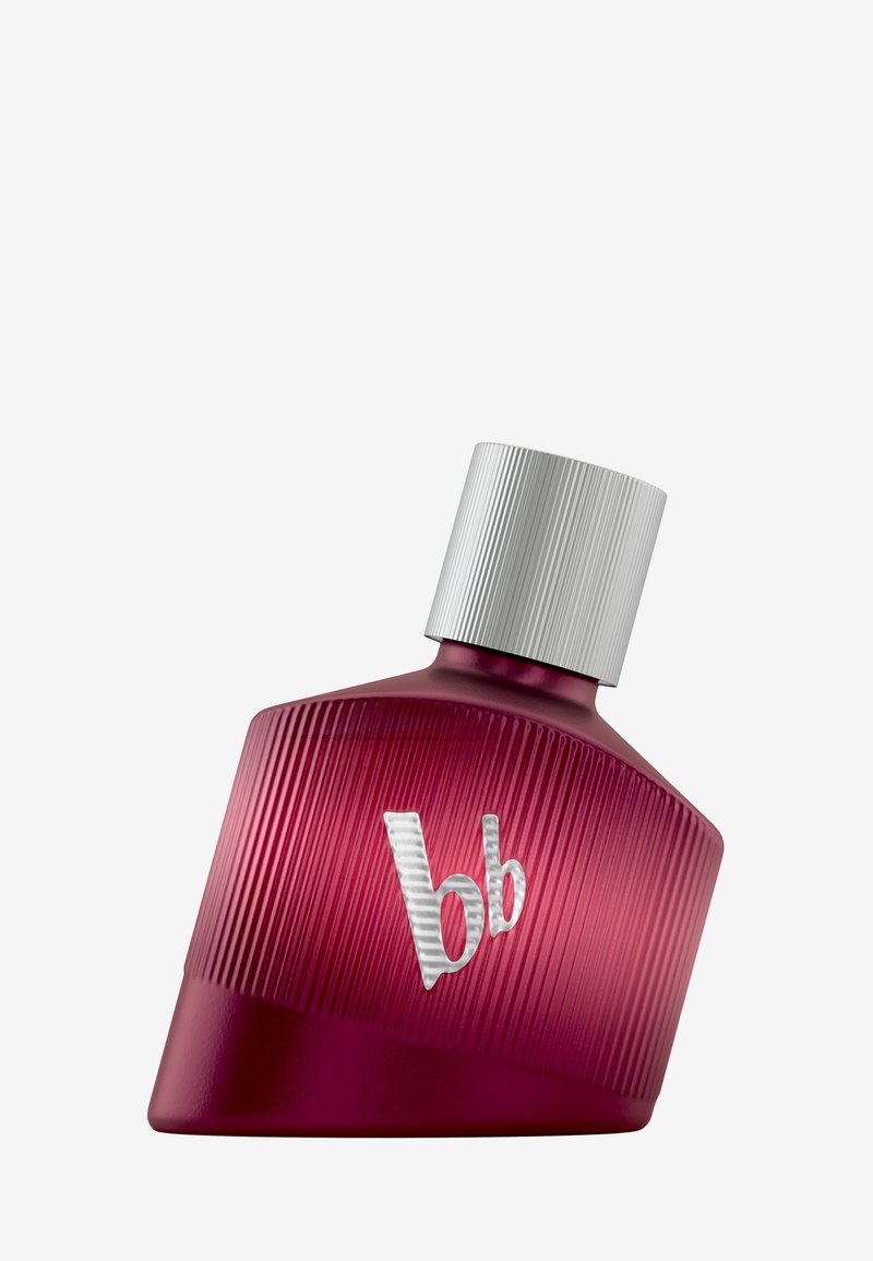 Dark red ribbed perfume bottle with silver cap and raised silver "bb" logo tilted against a white background.