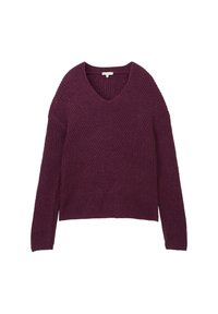 Sweter dzianinowy w kształcie litery V w głębokim fioletowym kolorze, z ribbową teksturą, z wzorem chevron na przodzie i lekko luźnymi rękawami.