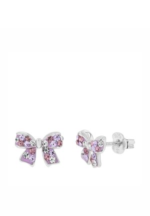 Silver bow-shaped stud earrings decorated with pink, purple, and clear round gemstones on a white background.