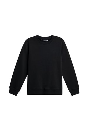 Svart crewneck sweatshirt tillverkad av mjukt bomullsmaterial, med ribbade ärmslut och nederkant, och en subtil logotyp broderad på bröstet.