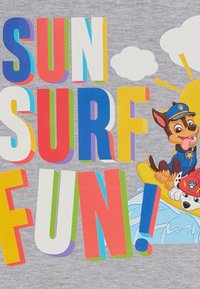 Tela gris con texto colorido "¡SOL, OLAS Y DIVERSIÓN!" acompañado de personajes de perros de dibujos animados sobre una tabla de surf en medio de olas y nubes.