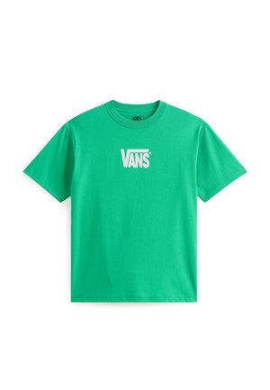 Camiseta de algodón verde con cuello redondo, mangas cortas y logotipo blanco "VANS" impreso en el frente. Textura suave, ajuste informal.