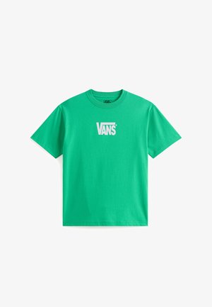 Zielona bawełniana koszulka z okrągłym dekoltem, krótkimi rękawami oraz białym nadrukiem logo "VANS" na przodzie. Gładka faktura, casualowy krój.