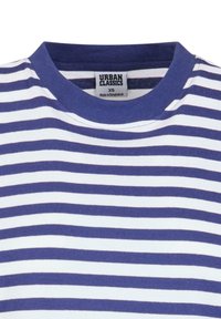 Blauw-wit gestreepte t-shirt met een ronde hals. Gemaakt van katoen, met een label bij de kraag dat de maat XS en het merk aangeeft.