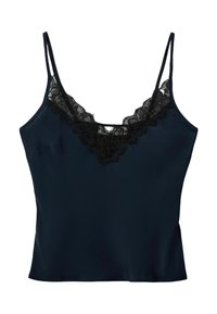 Morska satenasta majica na bretele s tankim trakama i crnim čipkastim rubom duž V-izreza, s glatkom teksturom i minimalističkim dizajnom.