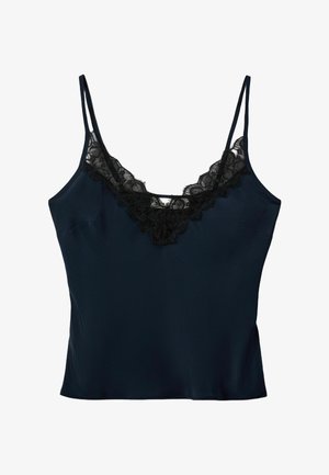 Mornaricna satenasta majica bez rukava s tankim naramenicama i crnom čipkastom oblogom uz V-izrez, koja ima glatku teksturu i minimalistički dizajn.