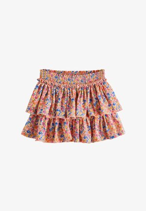 Fustă mini roz cu volane și talie elastică, având un model floral colorat în nuanțe de albastru, portocaliu și verde.