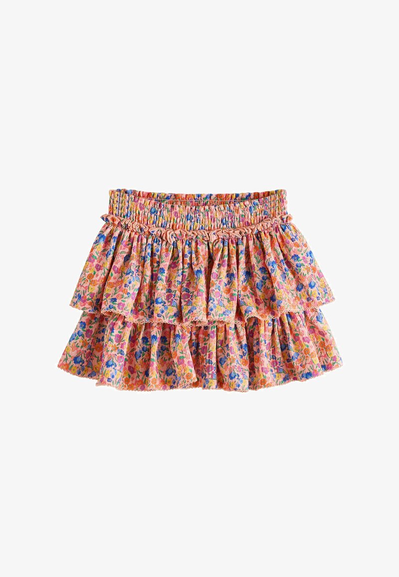 Rosa Stufenminirock mit elastischem Bund, verziert mit einem bunten Blumenmuster in Blau-, Orange- und Grüntönen.